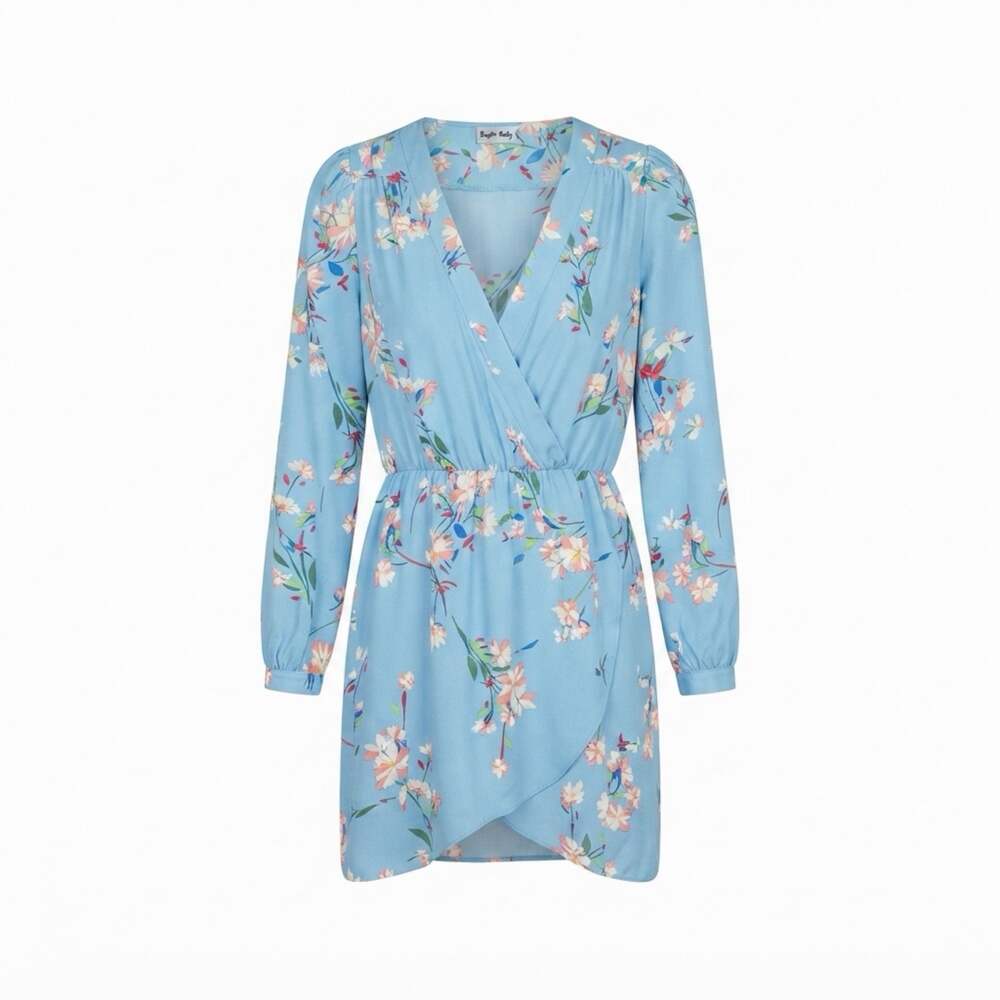 Brigitte Bailey Light Blue Floral Long Sleeve Wrap Mini Dress Medium